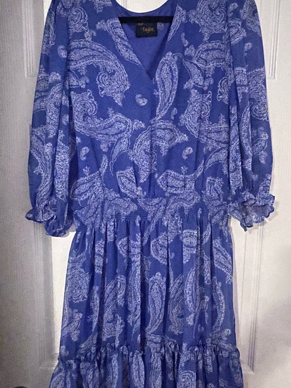 Taylor Blue Paisley V-Neck Long Sleeve Tiered Dress